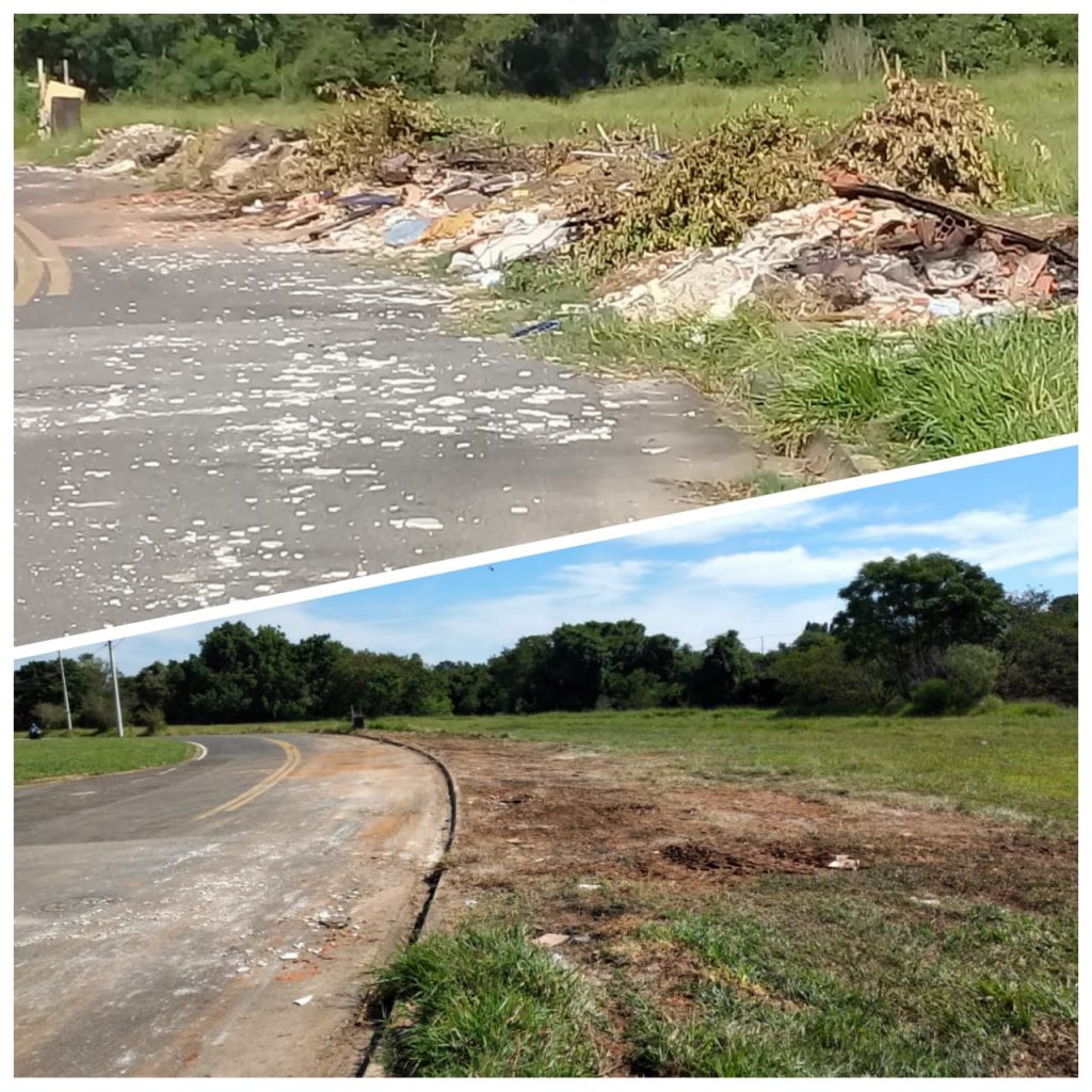 Antes e depois de limpeza de terreno público realizado pela Serpo